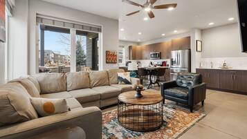 Smart TV, fireplace, books