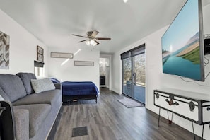 A modern room with a sofa, a bed, a ceiling fan, a TV, and a sliding glass door to the outside.