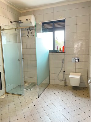 Hair dryer, towels, soap, toilet paper