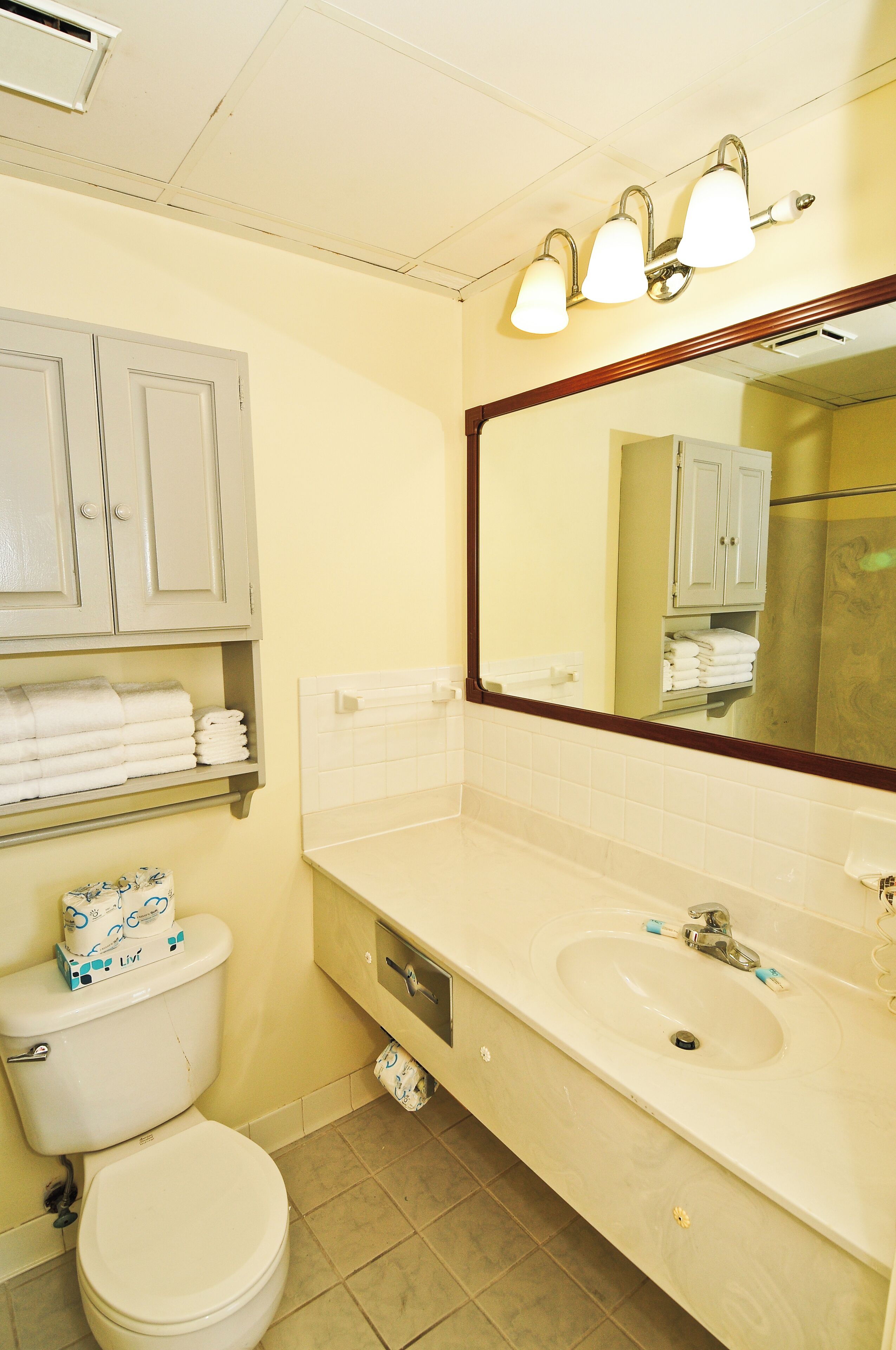 A bathroom with a toilet, sink, mirror, and towel storage.