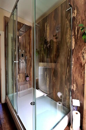A glass-enclosed shower with a marble wall design, a handheld showerhead, and a visible toilet paper roll. - Chester Apartments (Apt B) (Chester)