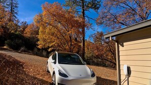 A white car parked in a driveway with autumn leaves and trees in the background. - GameRoom*HotTub*HomeTheater*EV*Fire pitw/Mtn View (Midpines)