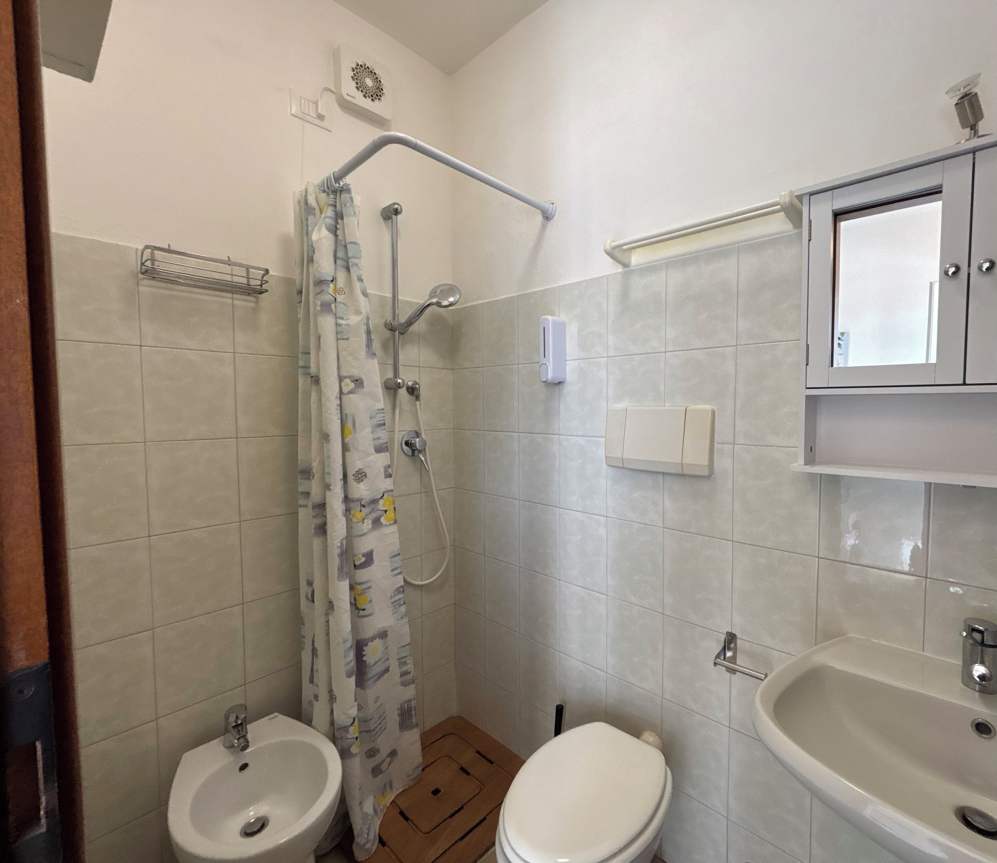 A bathroom with a shower, toilet, sink, and a mirror above the sink.