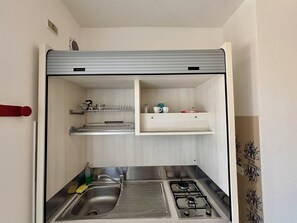 Studio Standard | Eget kök | Stort kylskåp, mikrovågsugn, spishäll och grytor/köksredskap