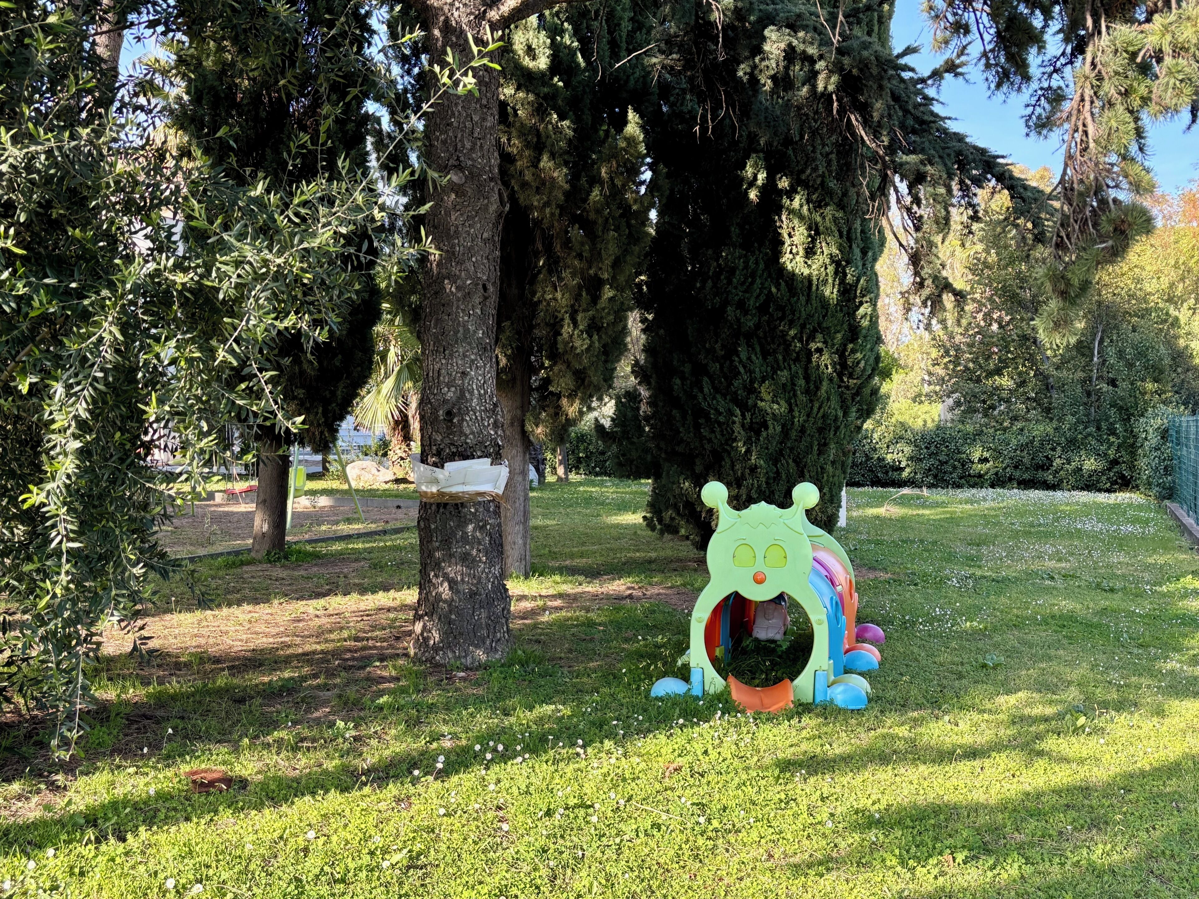 A park with a large tree, a colorful play structure, and a grassy area.