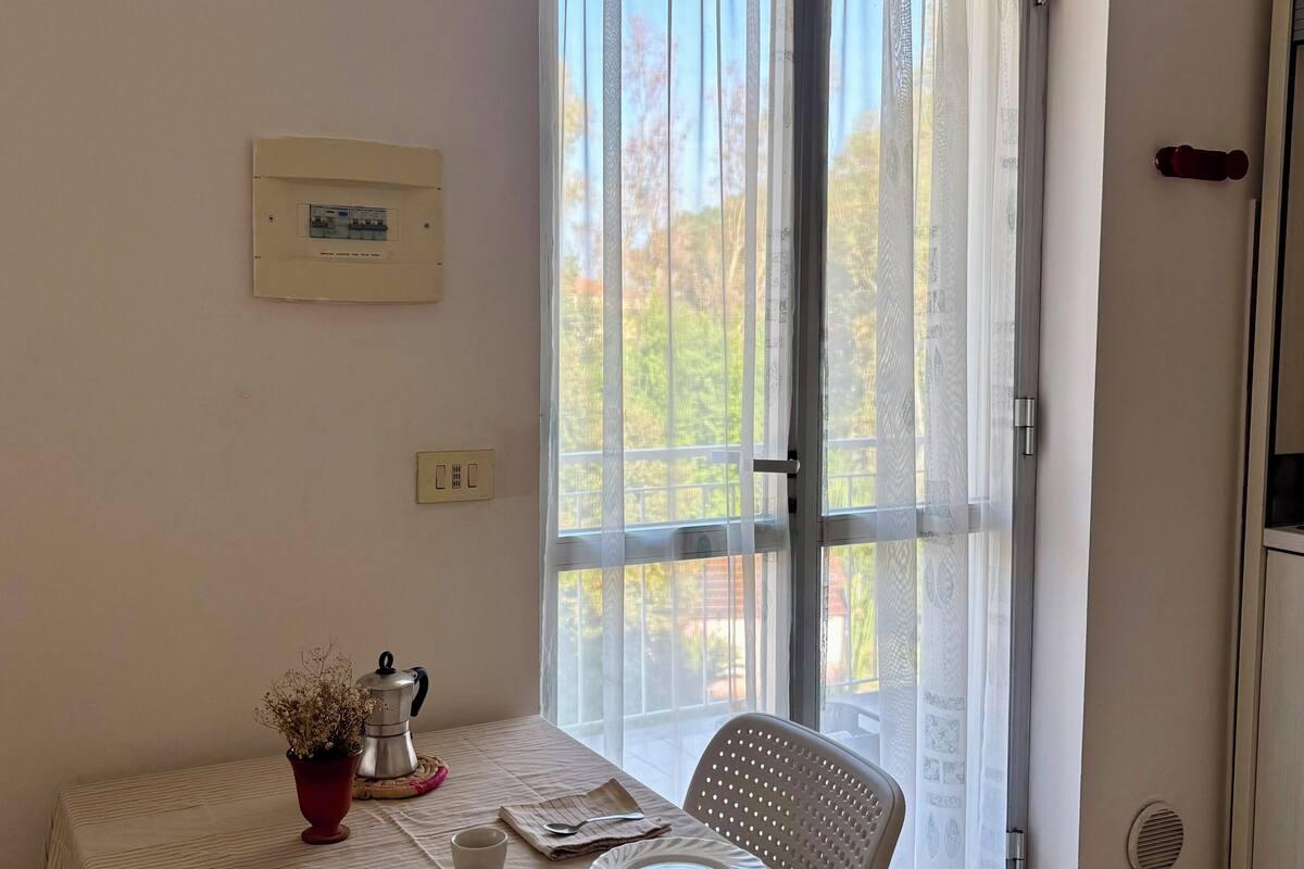 A dining area with a table set for two, a window with sheer curtains, a potted plant, and a wall-mounted light switch.