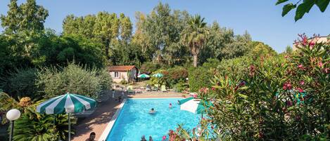 Seasonal outdoor pool, open 10:00 AM to 6:00 PM, pool umbrellas