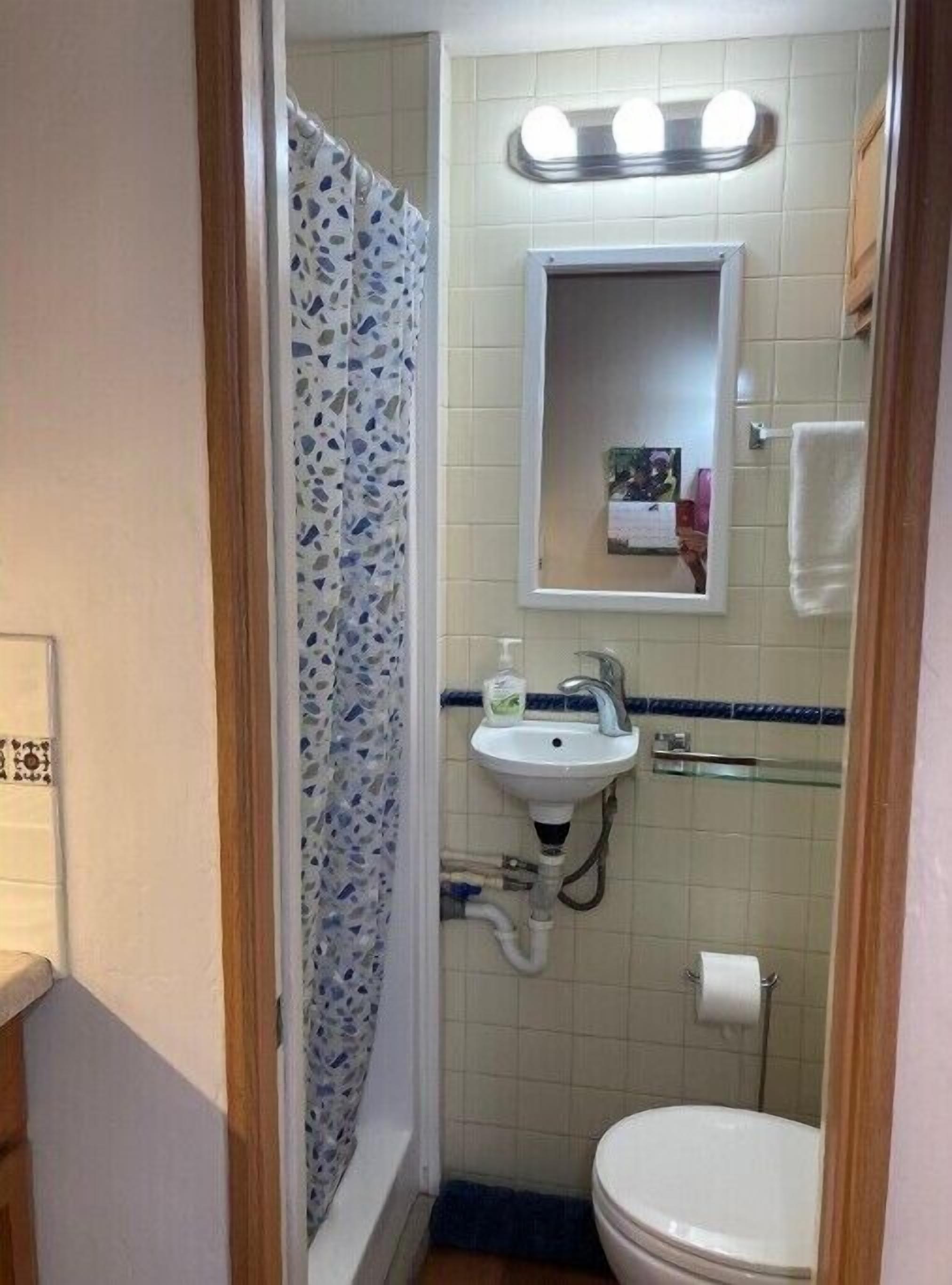 Ein kleines Badezimmer mit Duschvorhang, Waschbecken, Spiegel und Toilette.
