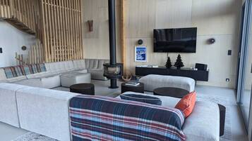 Smart TV, fireplace, music library, video library