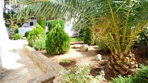 A garden with a palm tree, a stone pathway, and various shrubs. - Magnifica Casa CON Piscina Privada Y Vistas AL MAR (L'Escala)