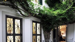 A dining area with a glass table and chairs, surrounded by white walls and large windows with black frames. - La Palazzina Santa Dorotea Splendid Rome Townhouse With Courtyard Garden (Rome)