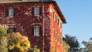 A red building with multiple windows, a stone wall, and trees in the foreground.