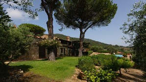 A stone villa with a garden, a swimming pool, and a hill in the background. - Porto Ercole Villa Della Fonte Large Pool Fabulous Sea Views (Monte Argentario)