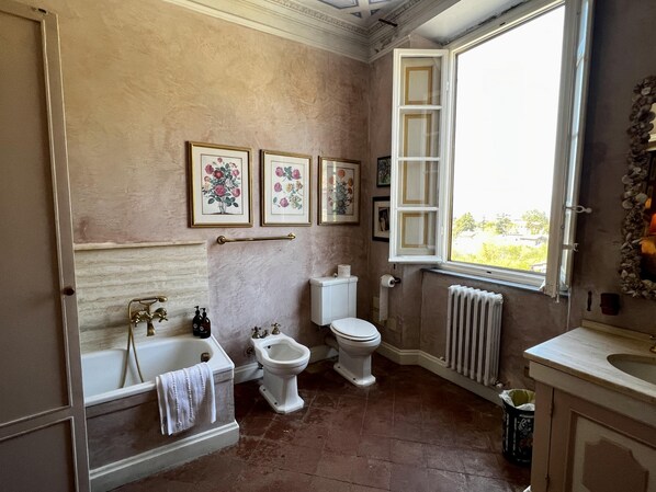 Une salle de bain équipée d’une baignoire, d’un bidet, de toilettes et d’une fenêtre donnant sur un beau paysage.