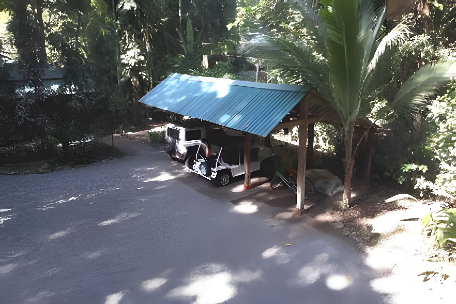 A covered outdoor area with a vehicle parked under a blue roof, surrounded by trees and vegetation.