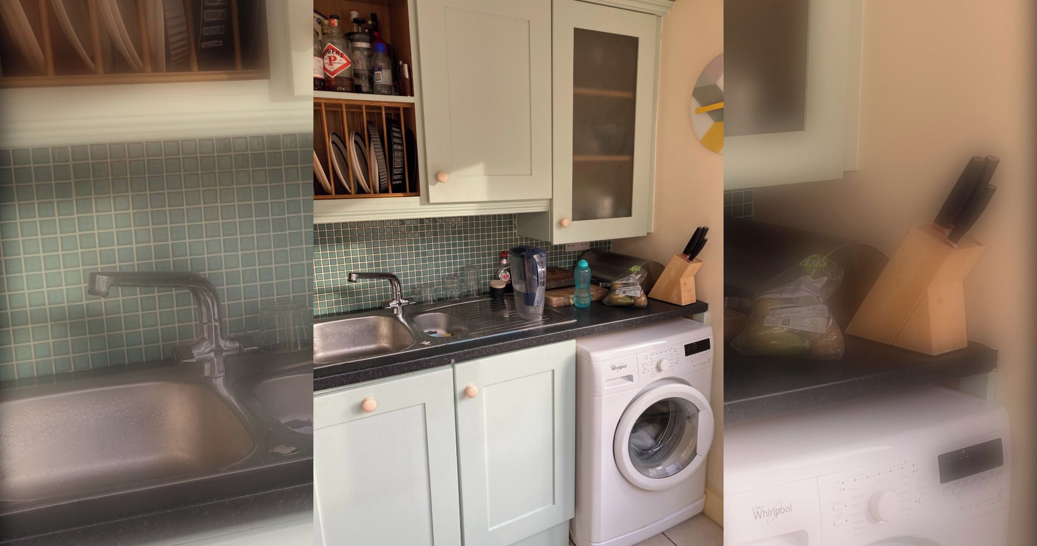A kitchen with a washing machine, a sink, and a countertop with various items.