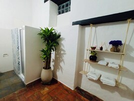 Shower, towels, soap, toilet paper