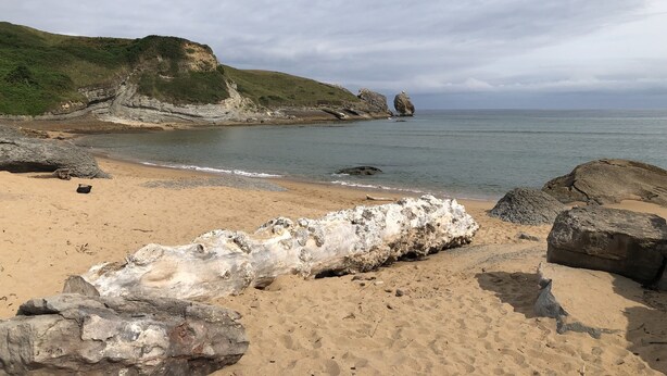A coastal landscape with a sandy beach, large rocks, and cliffs. - Cabaña de Ensueño en el Bosque y Junto al Mar. Ideal Pareja ,dos Niños y Mascota (Miengo)