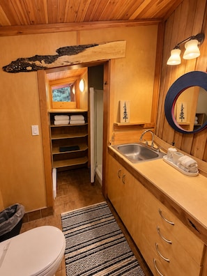 A compact bathroom with a wooden vanity, a sink, a mirror, and a toilet.