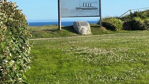 Une zone herbeuse avec un panneau d’affichage représentant un navire, une pierre et un poteau métallique.