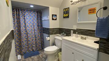 Hair dryer, towels, soap, shampoo