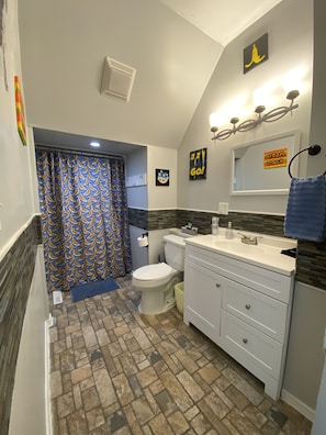 Hair dryer, towels, soap, shampoo
