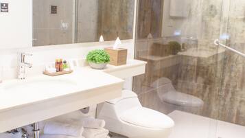 Shower, rainfall showerhead, free toiletries, hair dryer