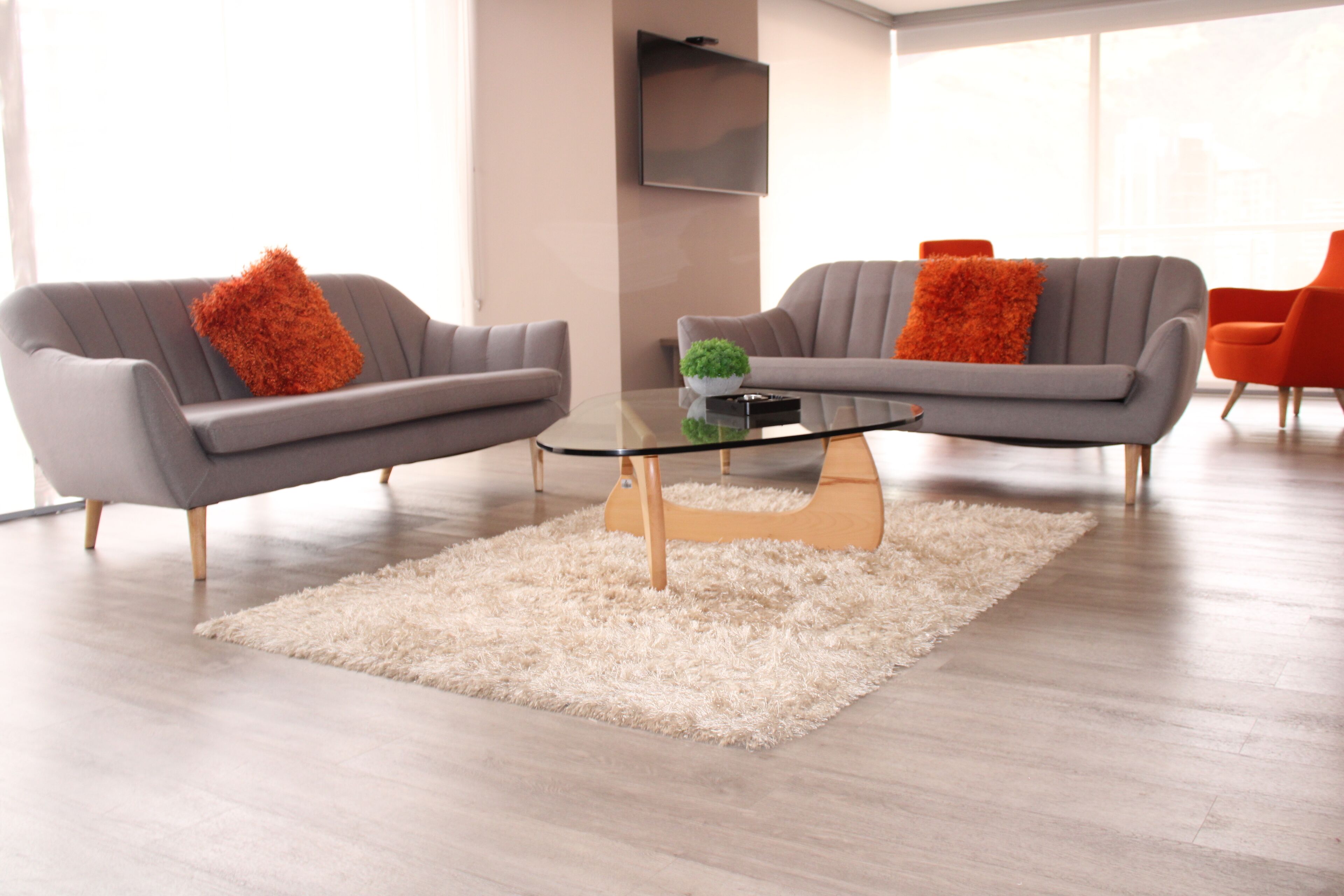 Una sala de estar moderna con dos sofás grises, una mesa de centro de vidrio y una alfombra de pelo alto blanca.