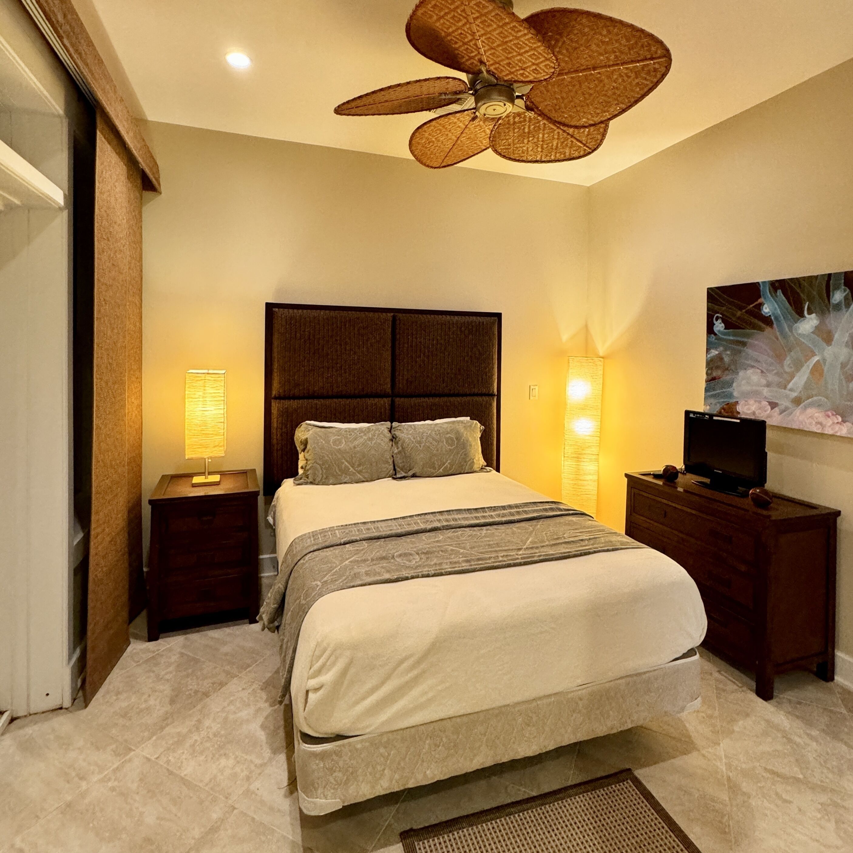 Una camera da letto moderna con un letto grande, due lampade ai comodini, una ventola a soffitto, un televisore e un quadro appeso al muro.