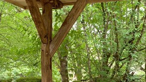 Una persona relajándose en un jacuzzi bajo una pérgola de madera, rodeada de abundante vegetación.