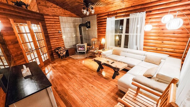 Un accogliente interno di una baita in legno con pavimento in legno, un divano, un tavolino da caffè, un caminetto e un angolo cottura.