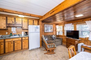 Cozy cabin-style room with a kitchen area, dining table, and comfortable seating.