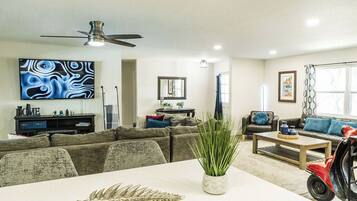 TV connectée, cheminée, jeux vidéo, livres