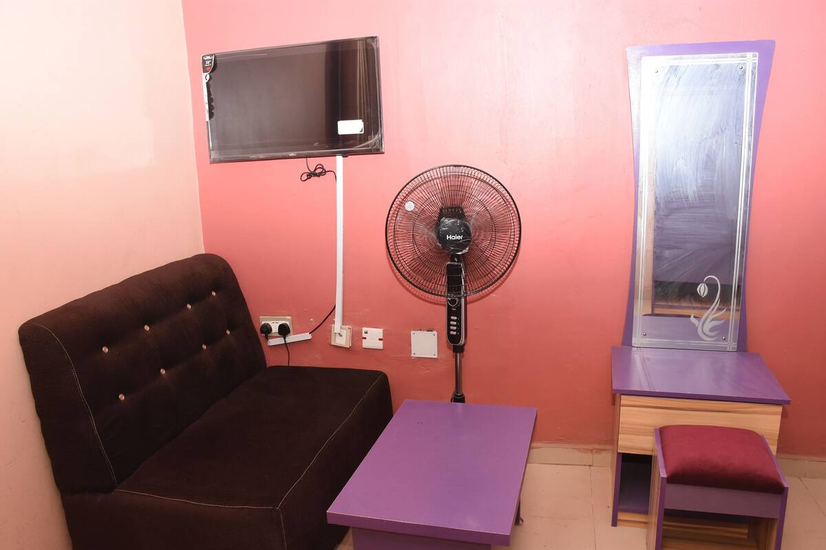 A room with a brown sofa, a purple table, a standing fan, a mirror, and a TV mounted on the wall.