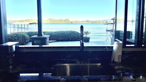 Cozinha com vista para um lago, pia e um vaso de planta.