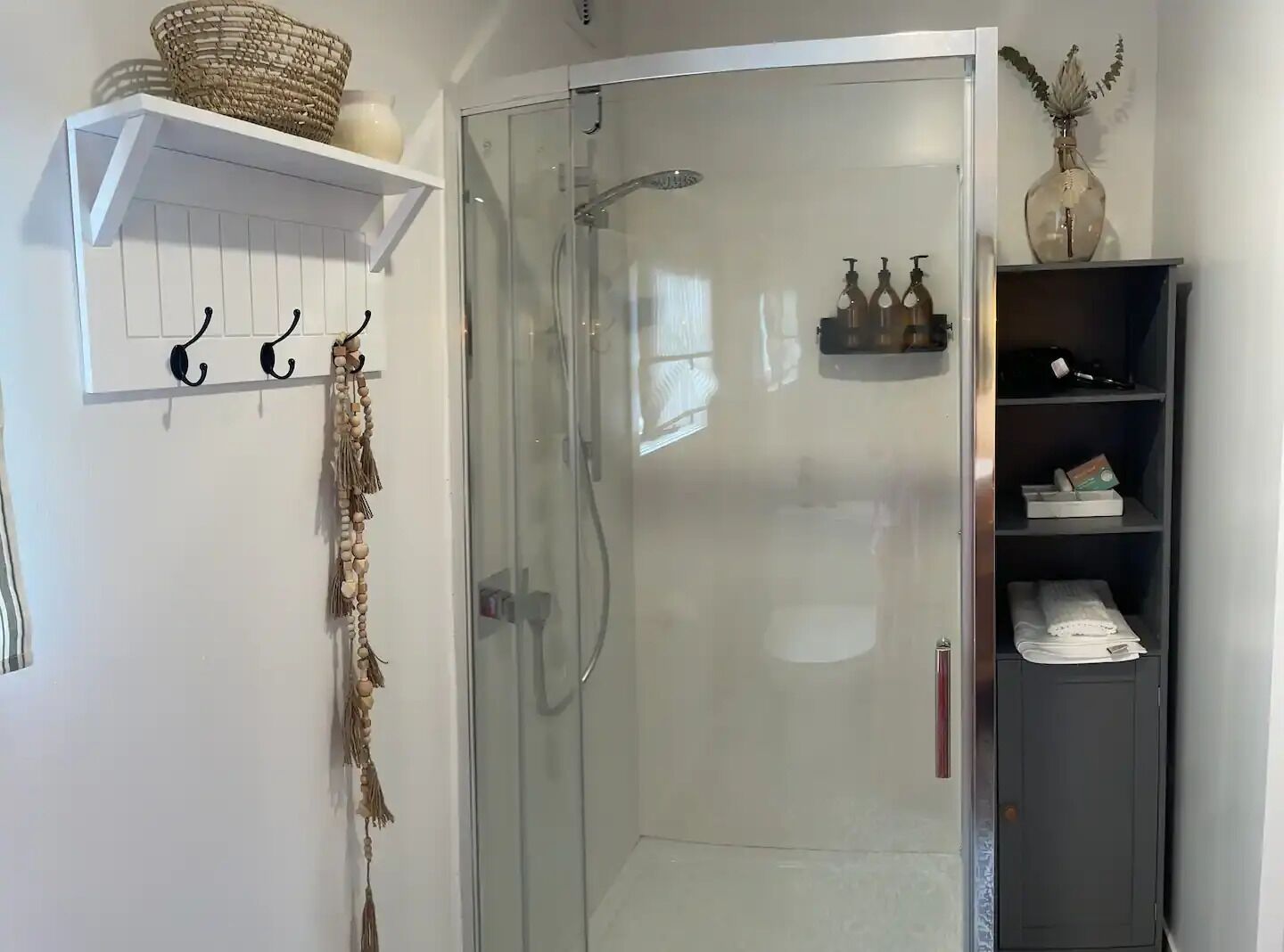 Hair dryer, towels, soap, shampoo