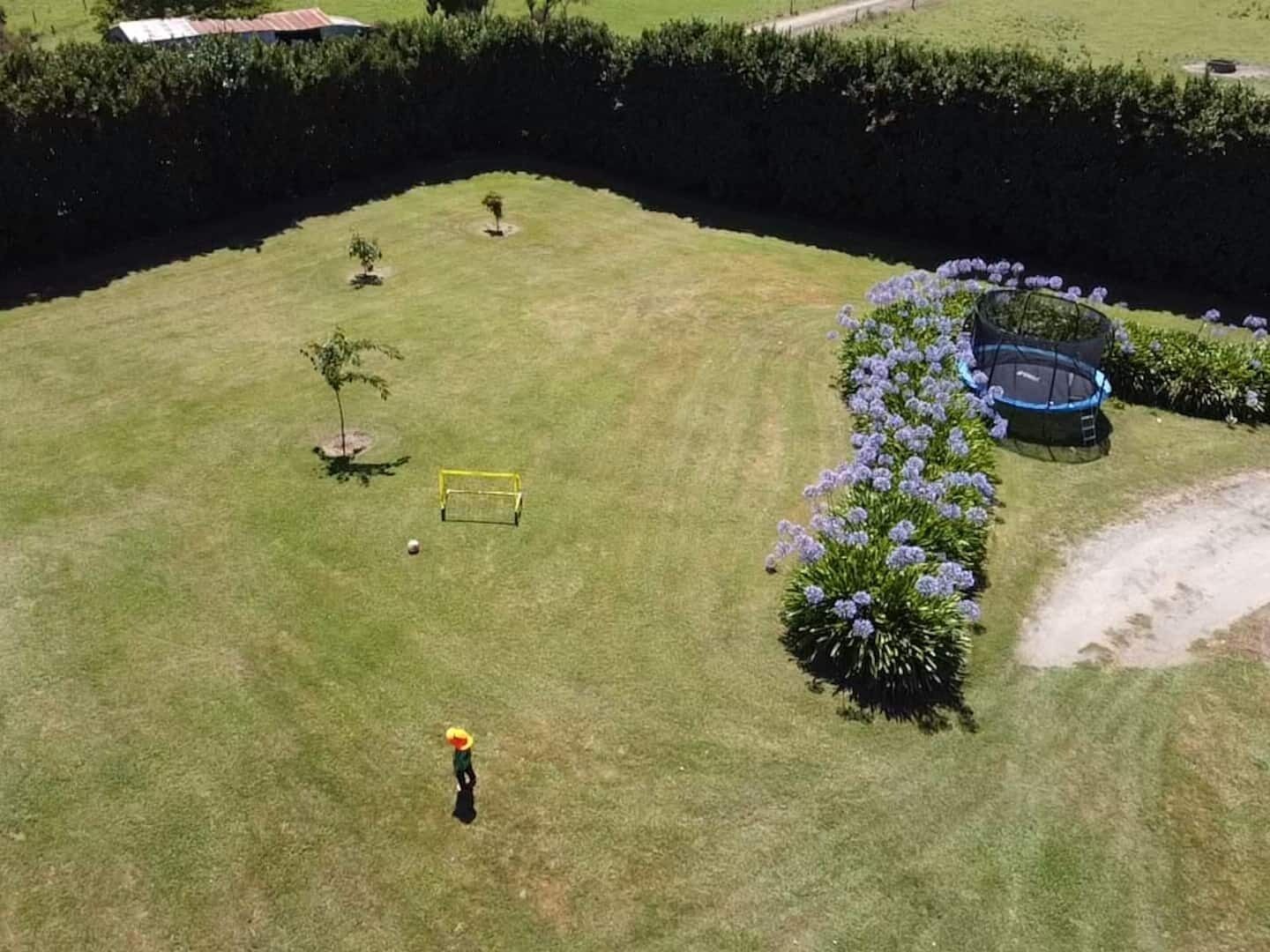 An aerial view of a well-maintained grassy area with a small soccer goal, a trampoline, and flowering bushes.