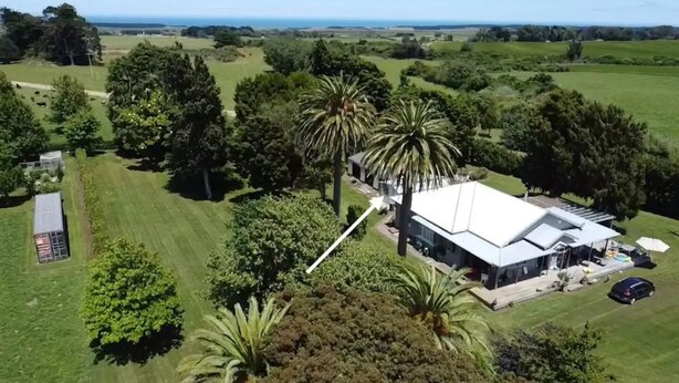 Una casa grande con techo blanco, rodeada de abundante vegetación y palmeras.