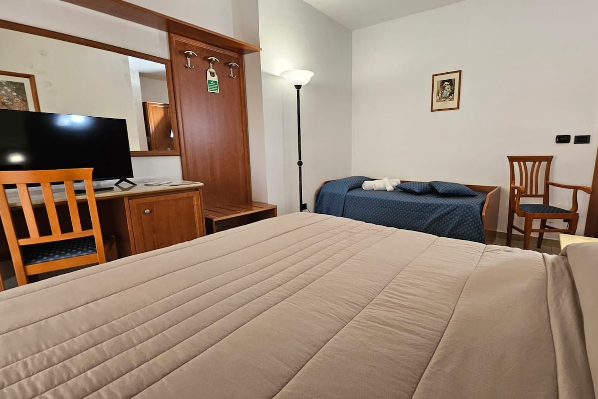 A hotel room with a large bed, a desk with a computer, a chair, a wardrobe, and a television.