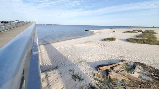 A beach with a concrete barrier, sandy shore, and a clear sky. - Rising Tides Hideaway! (Long Beach)