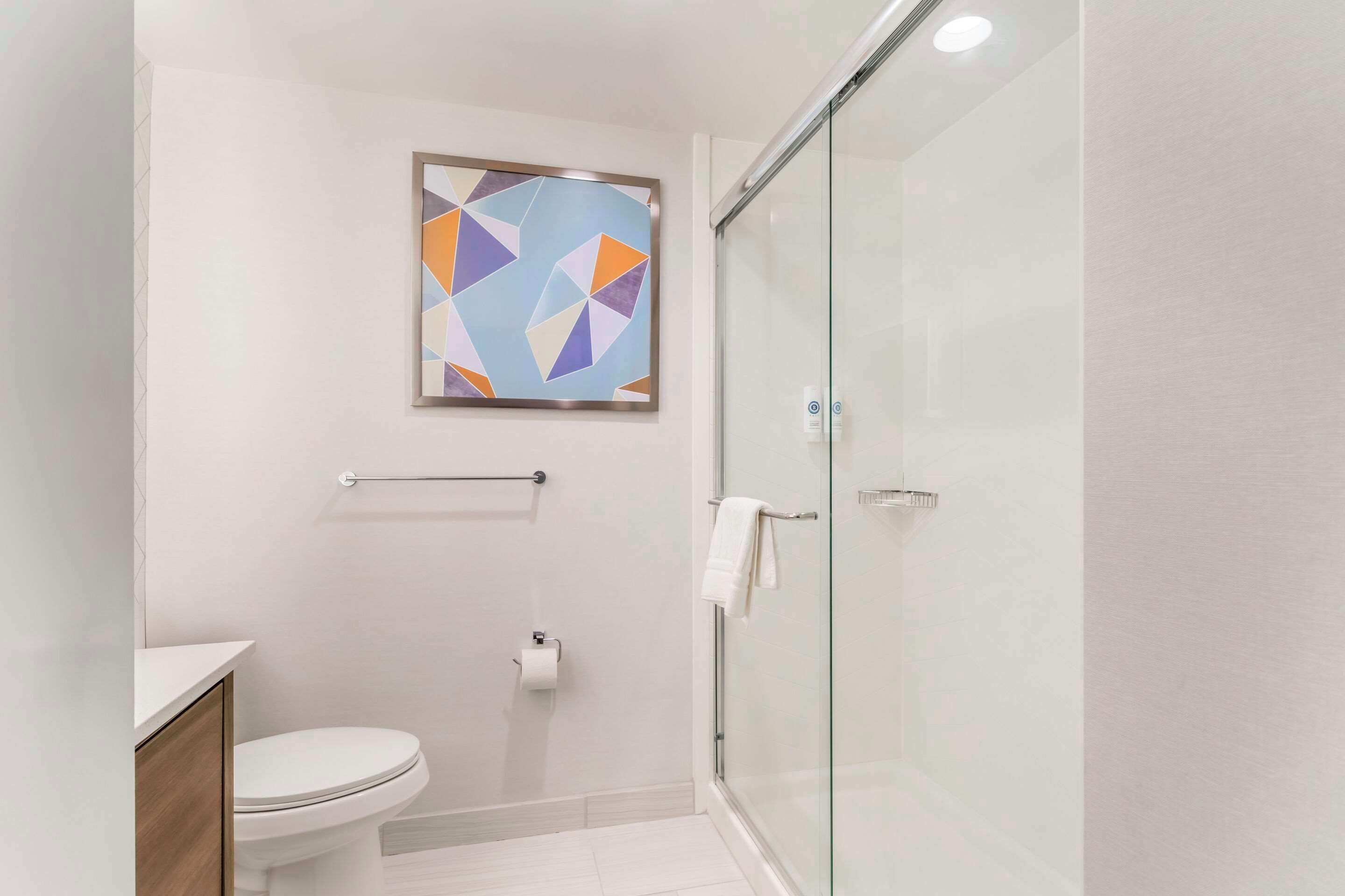A modern bathroom with a toilet, a glass shower enclosure, and a towel rack.