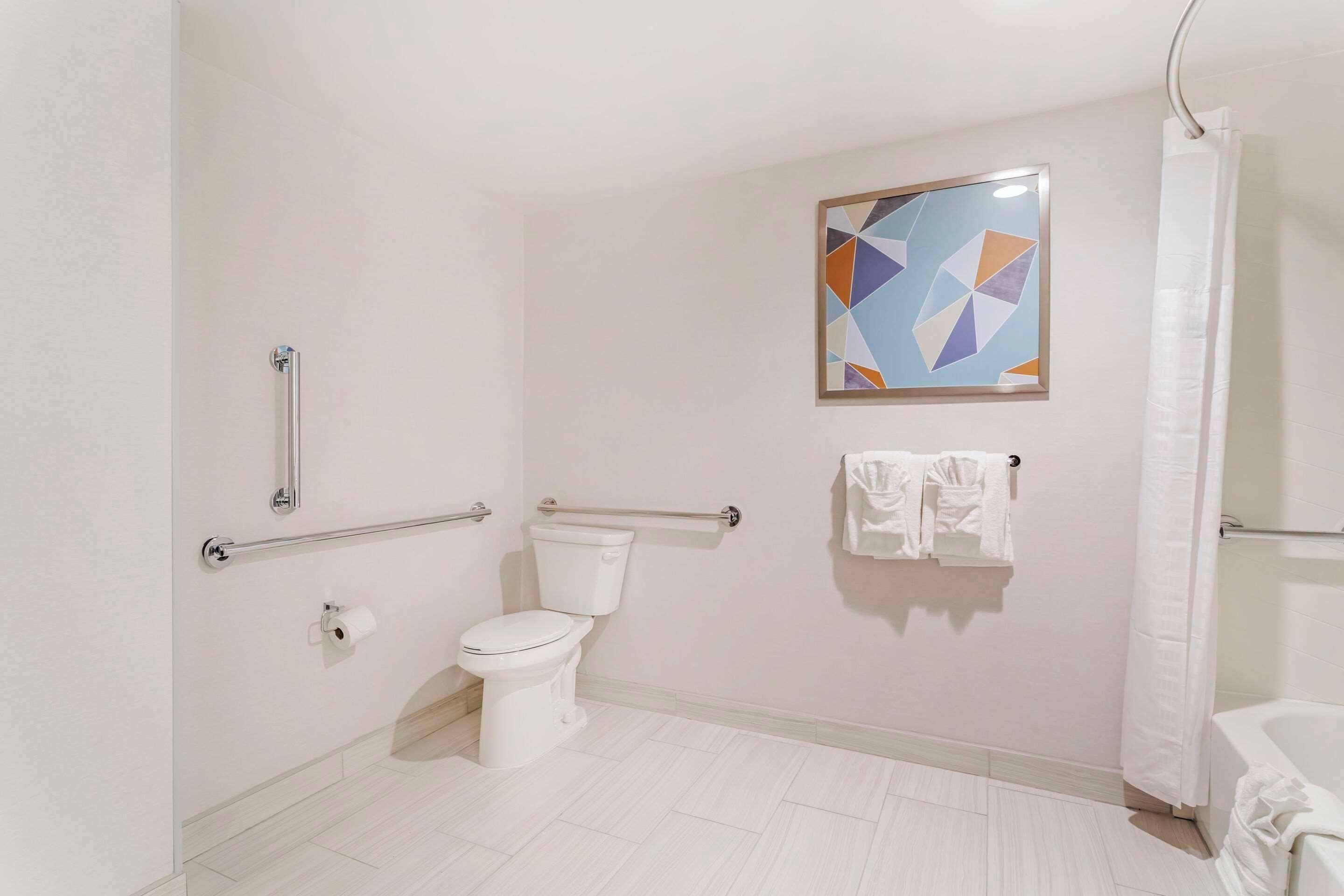 A bathroom with a toilet, a handrail, a towel rack, and a shower curtain.