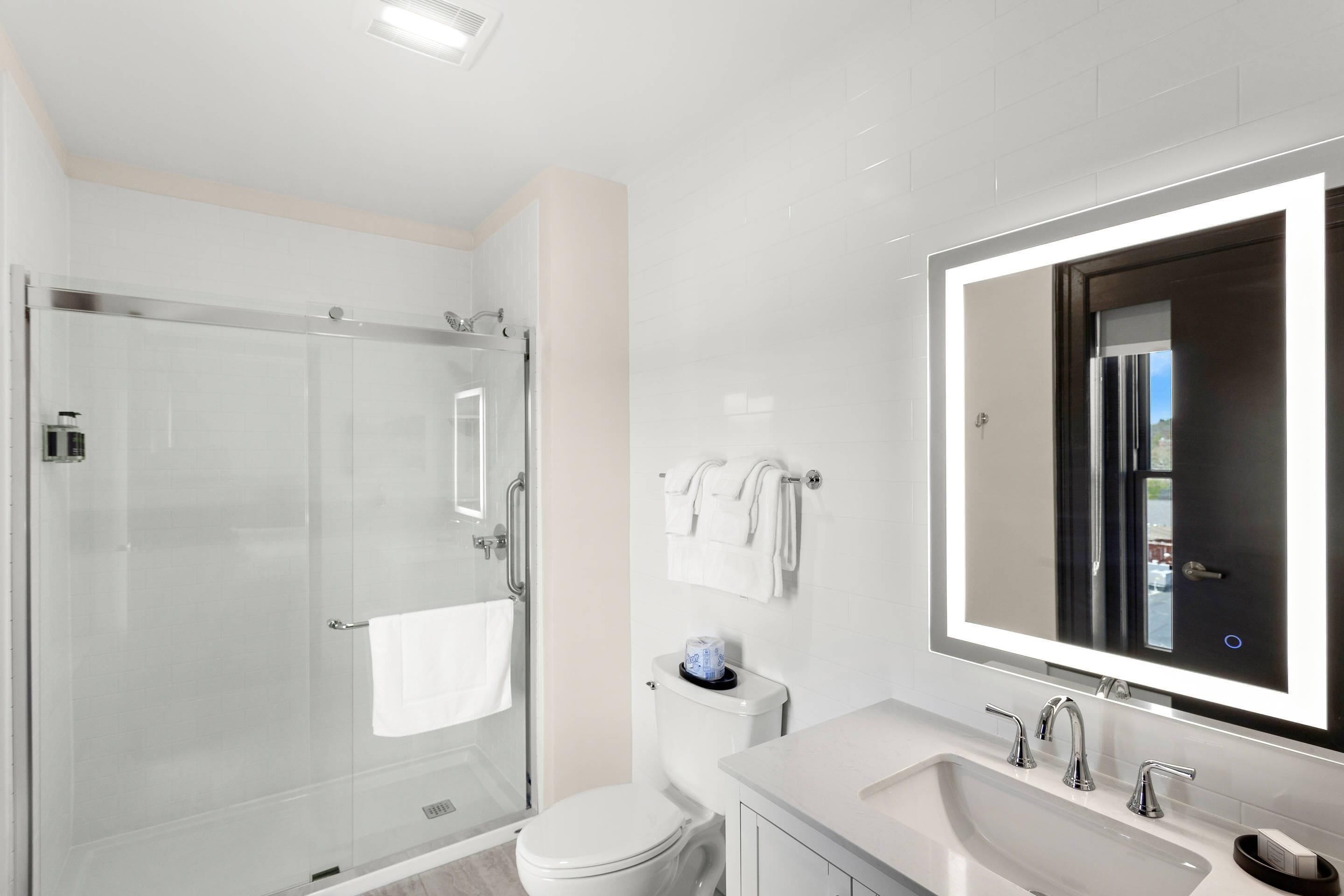A modern bathroom with a glass shower enclosure, a toilet, and a vanity with a large mirror.