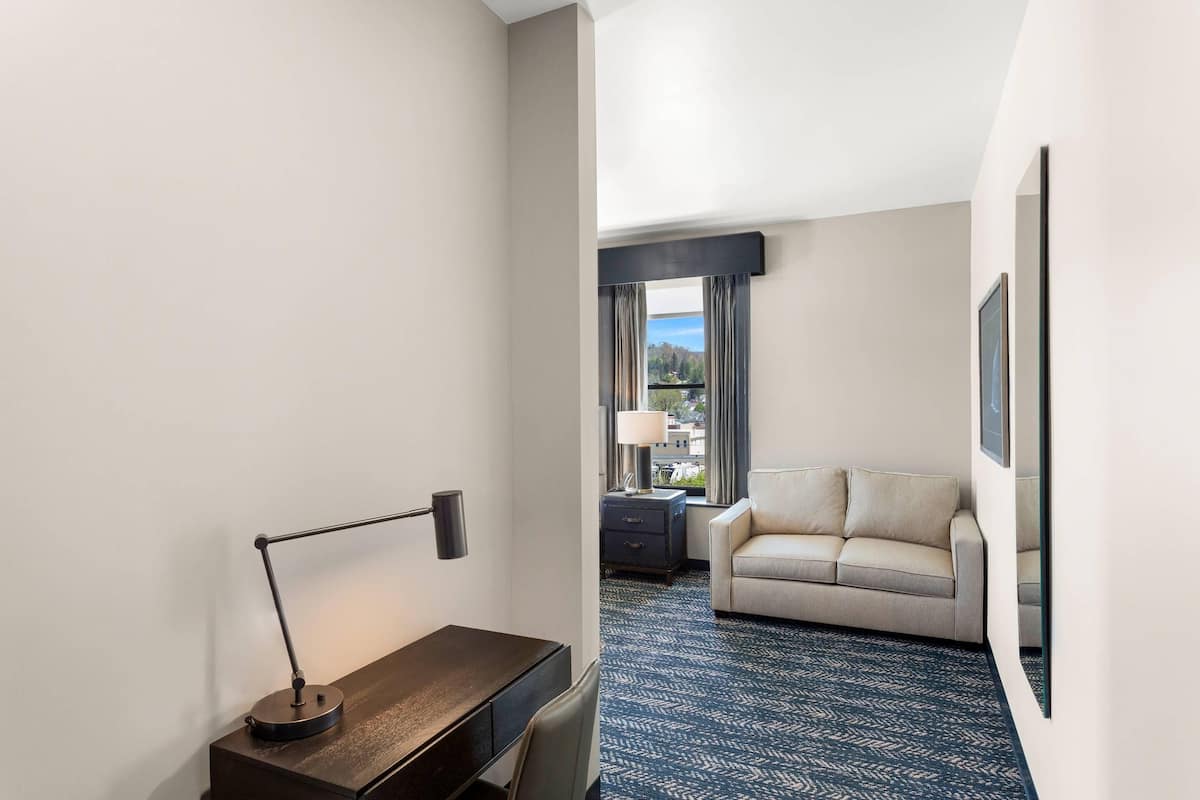 A hotel room with a desk, a lamp, a sofa, a window with curtains, and a patterned carpet.