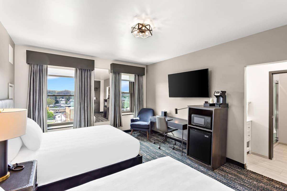 Standard Room, 2 Queen Beds, Non Smoking | Desk, laptop workspace, blackout curtains, iron/ironing board