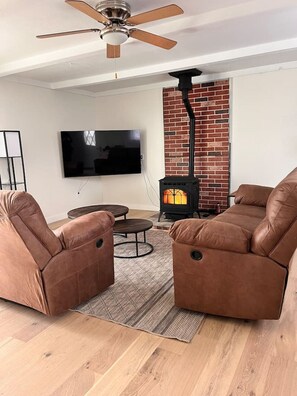 Smart TV, fireplace, books