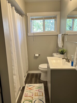 Secador de cabelo, toalhas de banho, sabonete, shampoo