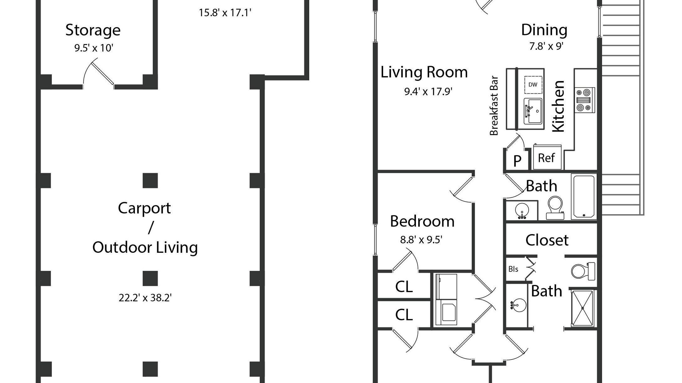 A floor plan with a carport/outdoor living area, storage, dining, kitchen, bathroom, bedroom, and closet.
