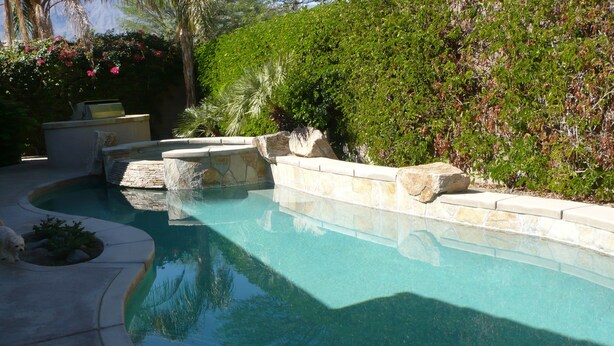 A swimming pool with a stone border, surrounded by greenery and a small dog nearby. - Cassius model house and casita for rent in December 2025 (La Quinta)