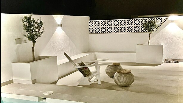 Un espace aménagé au bord de la piscine, comprenant une chaise longue, deux plantes en pot et un mur décoratif.